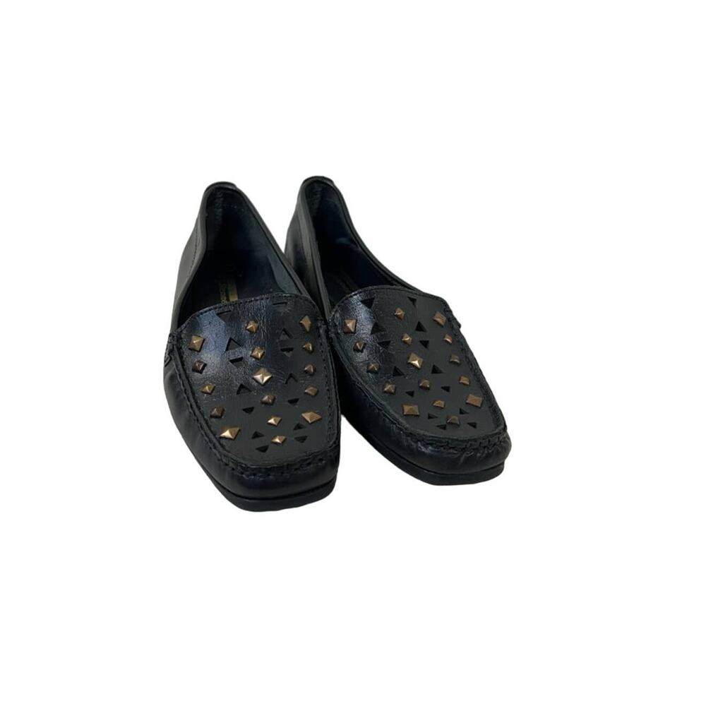 J. Renee Womens Loafer Flat Shoes Black Slip On Cut Out Studded Leather 6